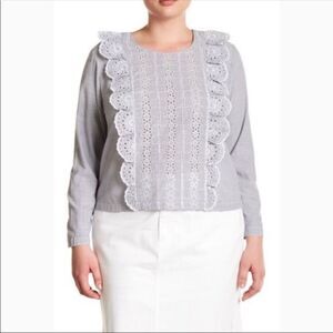 Navy Indigo Stripe Nautical Ruffle Embroidered Long Sleeve Cotton Office Blouse